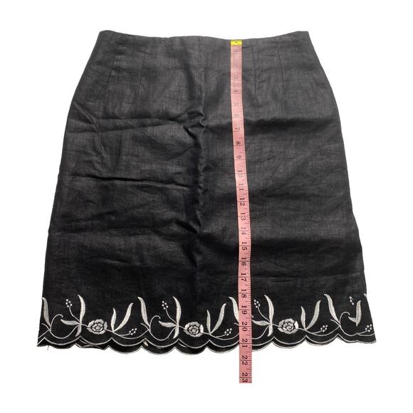 Tribeca Studio Black Linen Pencil Skirt Embroidered Hem Size 10P Lined Workwear - Picture 7 of 11